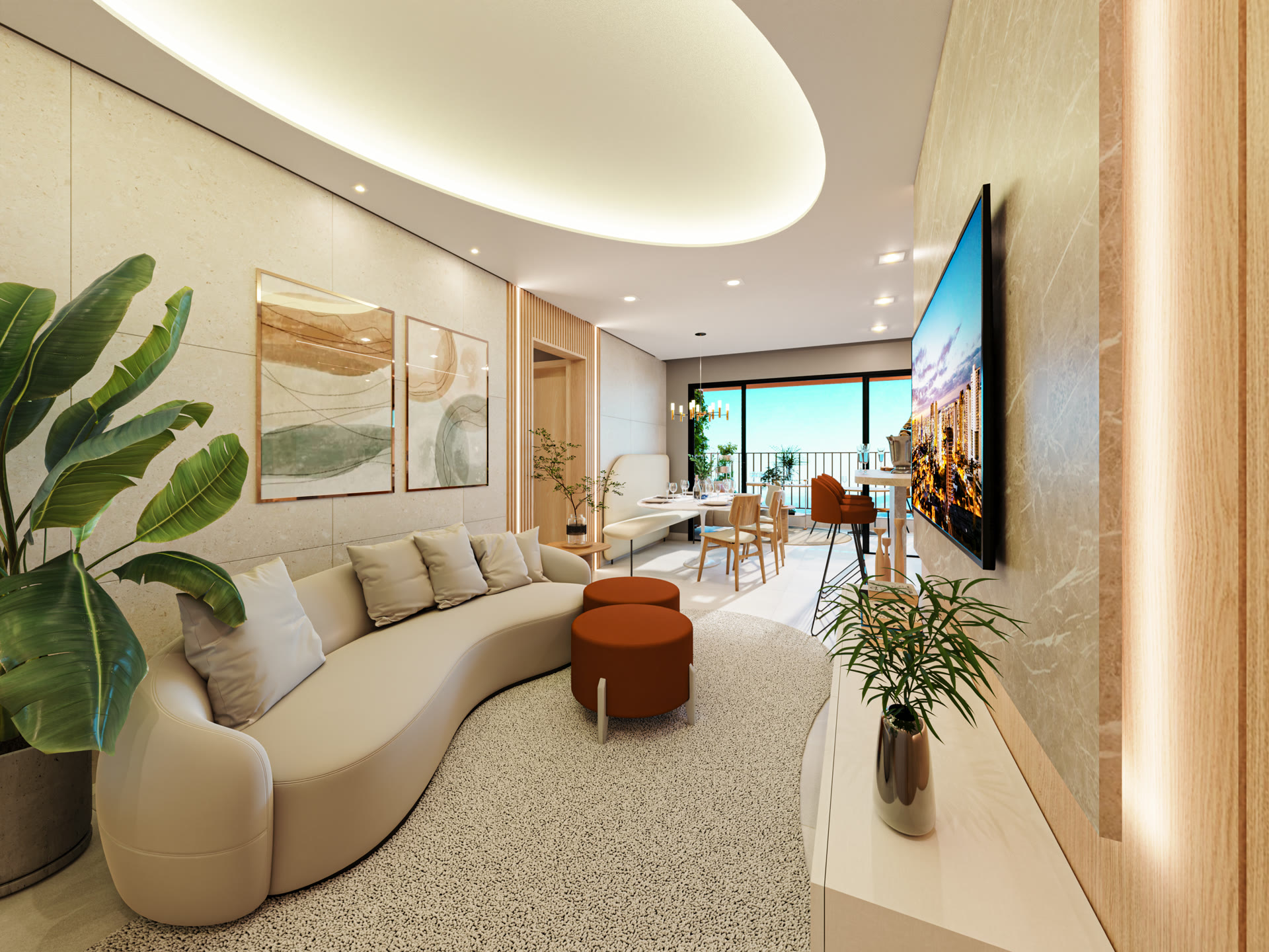 Sala integrada do apartamento de 76 m² (imagem ilustrativa)