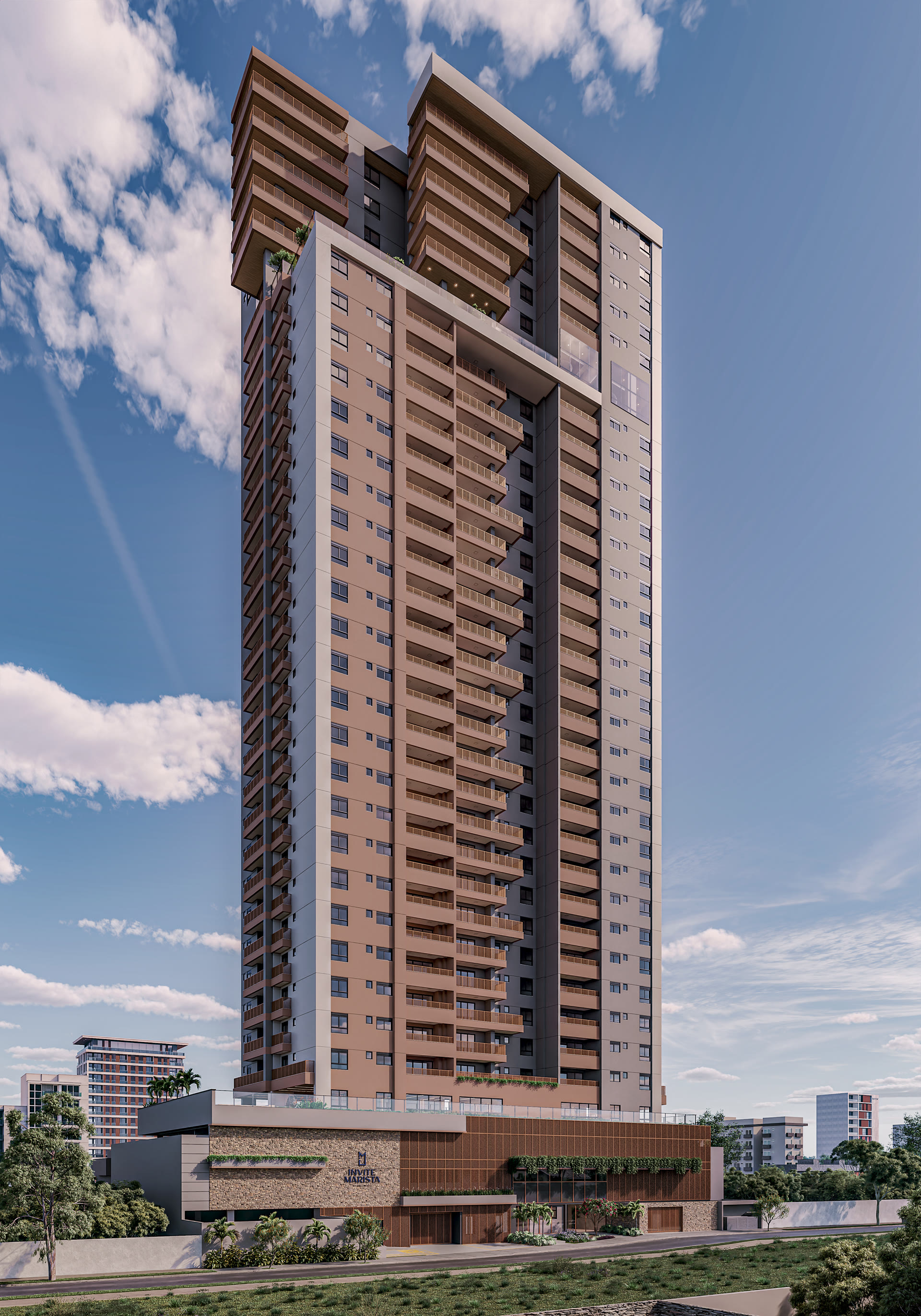 Torre única do Invite Marista Apartments sob o céu do Setor Marista, Goiânia (imagem ilustrativa)