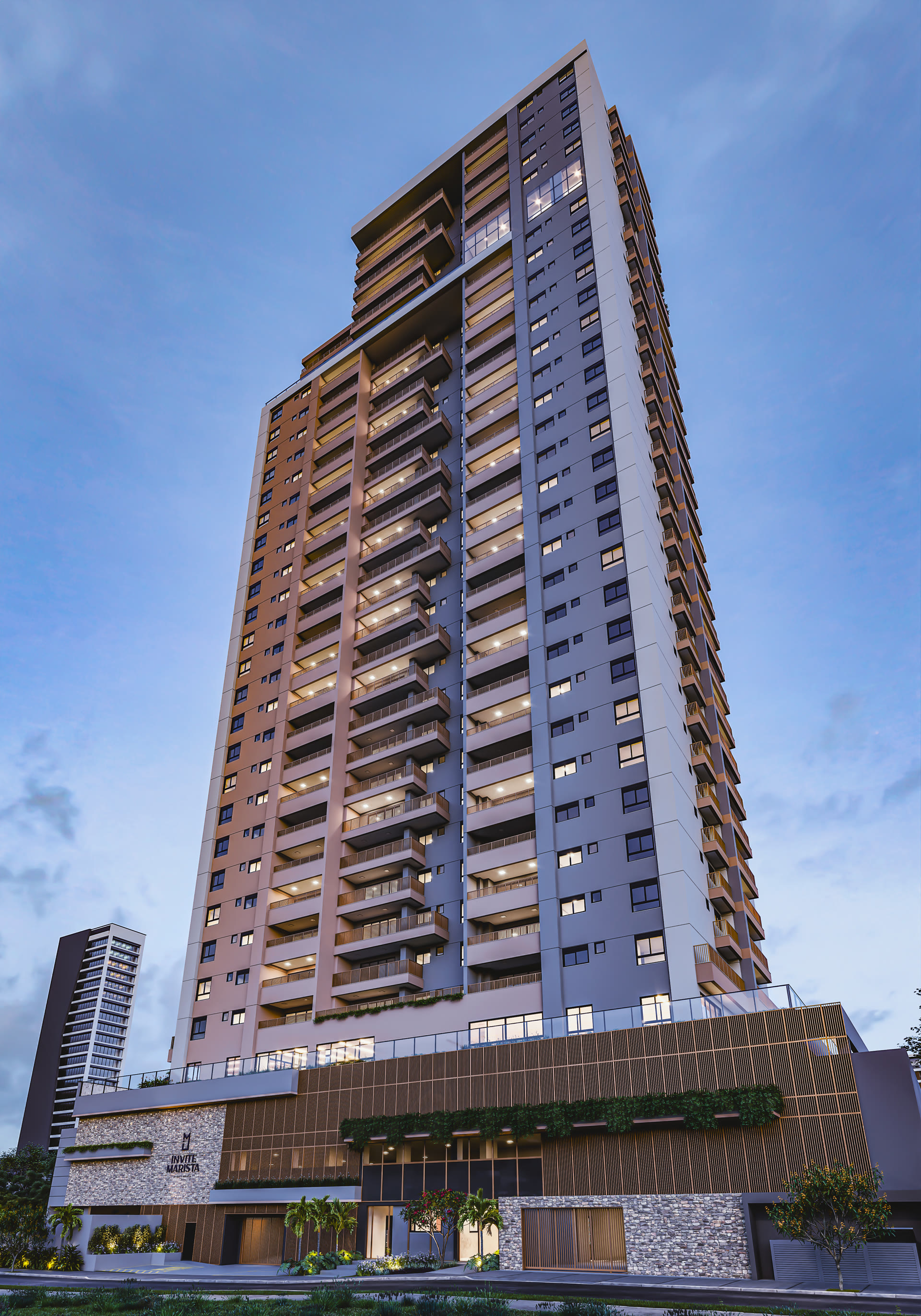 Fachada noturna do Invite Marista Apartments (imagem ilustrativa)