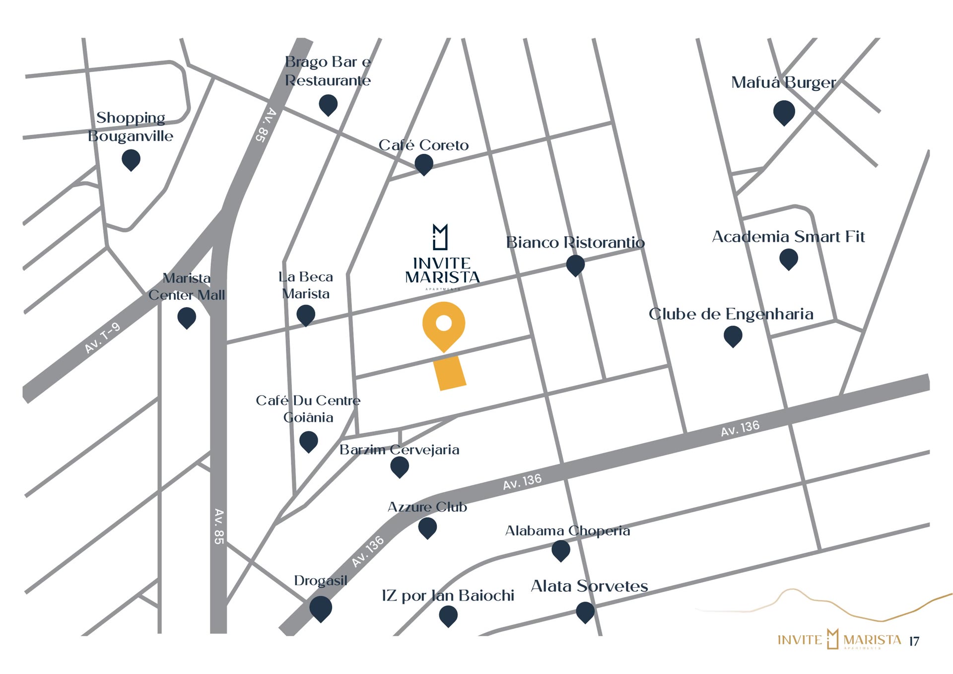 Mapa oficial de localização do Invite Marista no Setor Marista: Av. 85, Av. 136, Av. T-9, Marista Center Mall, Shopping Bougainville e polo gastronômico