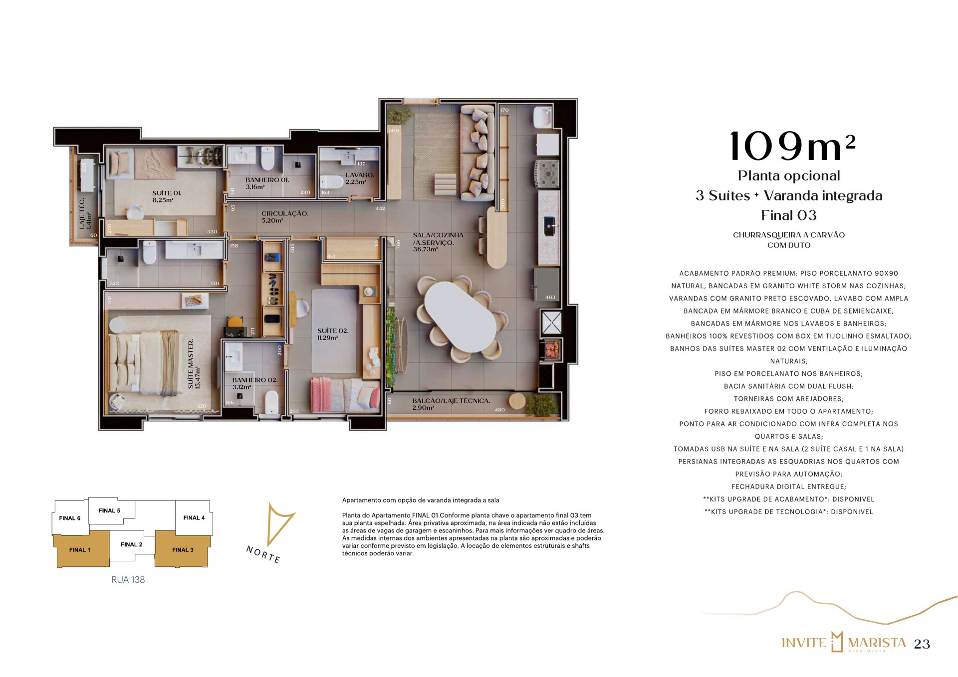Planta opcional do apartamento de 109 m² com sala ampliada, Invite Marista