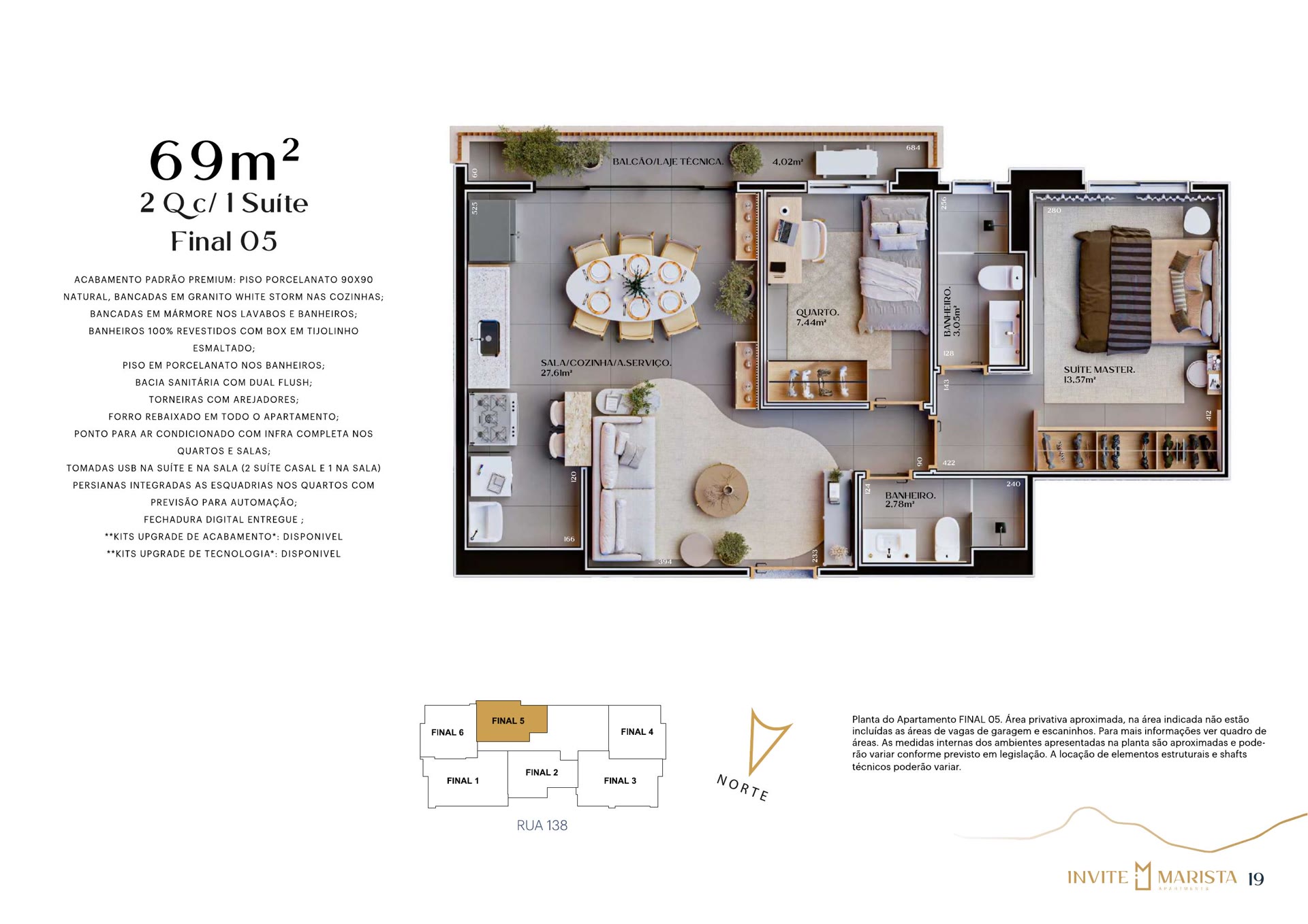 Planta do apartamento de 69 m², 2 quartos com 1 suíte, final 05, Invite Marista