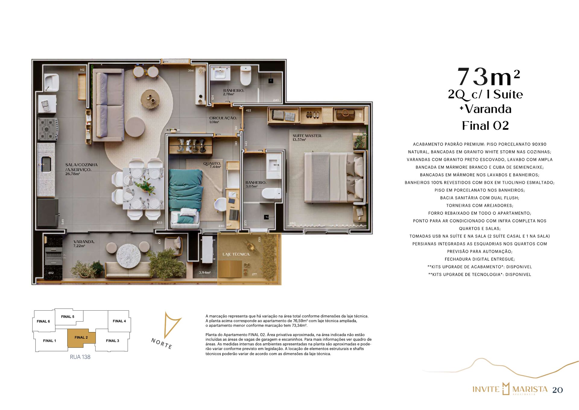 Planta do apartamento de 73 m², 2 quartos com varanda, final 02, Invite Marista