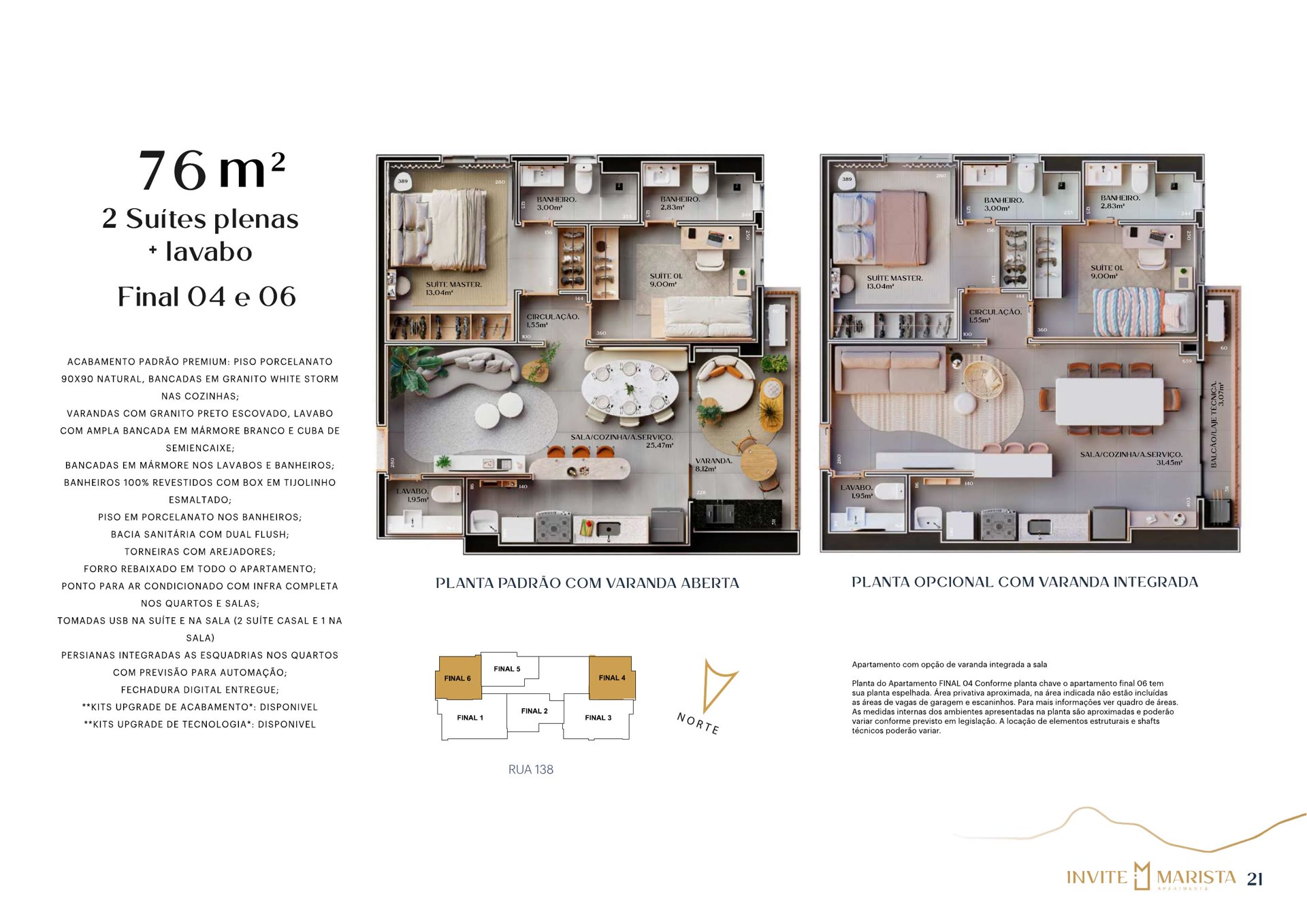 Planta do apartamento de 76 m² do Invite Marista