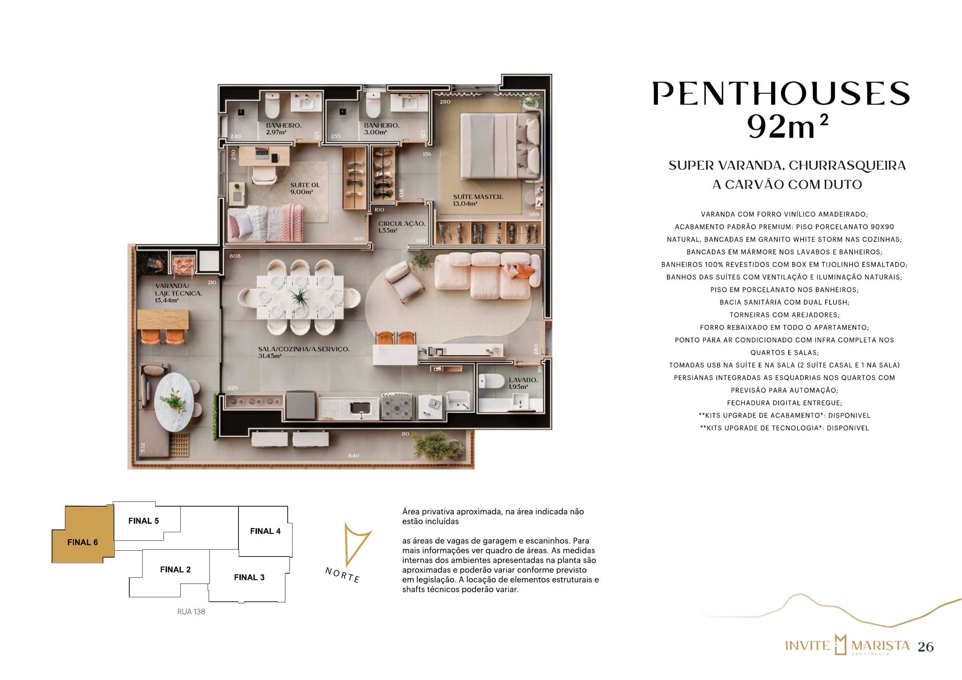 Planta da penthouse de 92,50 m² com 2 suítes, Invite Marista