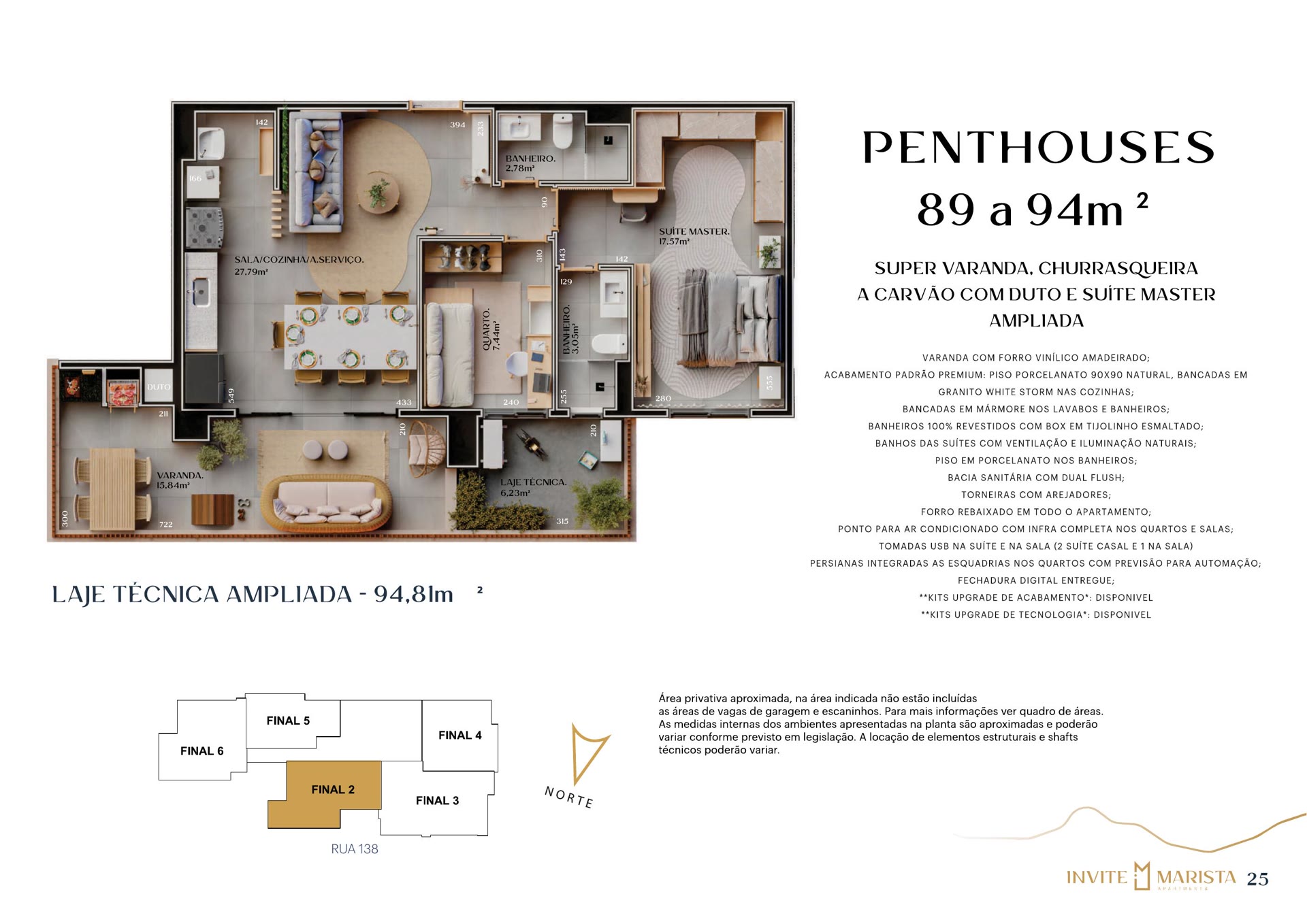 Planta da penthouse de 94,81 m² com quintal aberto, Invite Marista